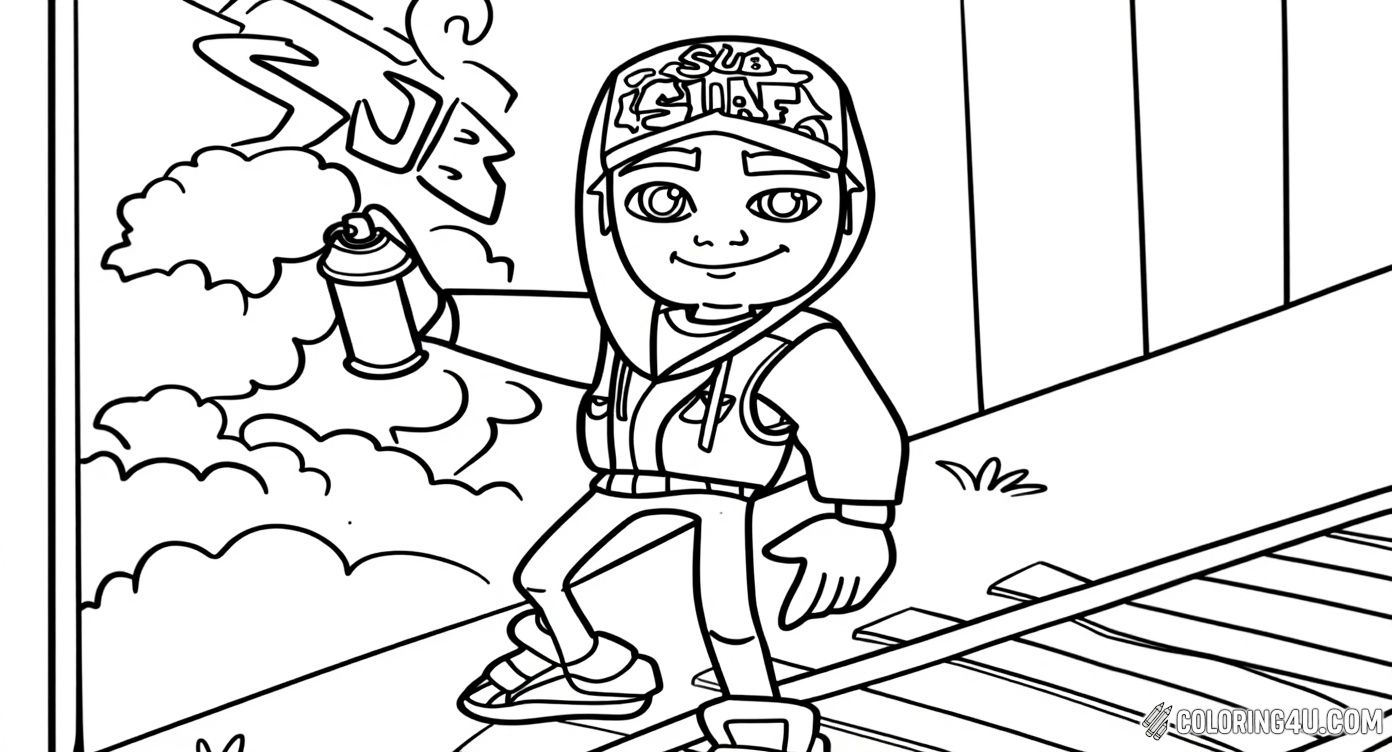 Here is Jake from Subway Surfers standing confidently on a railway track with a spray paint can in hand, ready to add some cool graffiti to the wall. This coloring page invites children to use their creativity to color the urban landscape and the energetic character.