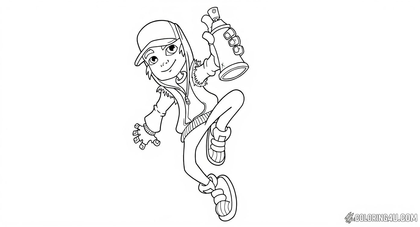 This exciting coloring page features Jake, one of the main characters from Subway Surfers, in mid-jump while holding a spray paint can. Kids can have fun bringing Jake to life with vibrant colors as he prepares to create some colorful graffiti art.