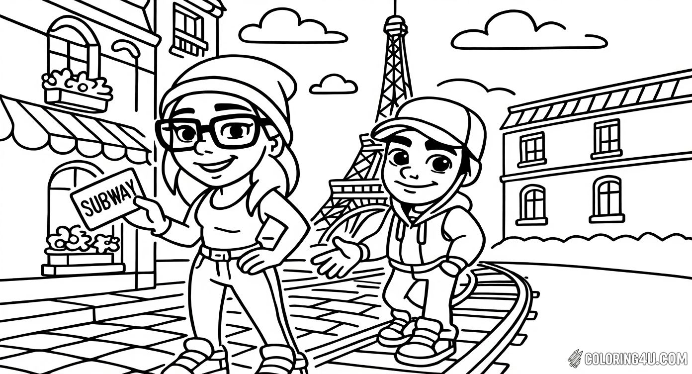 Explore the Subway Surfers World Tour in Paris with this vibrant coloring page featuring two characters posing near the Eiffel Tower. Kids can enjoy coloring the famous Parisian scene along with their favorite Subway Surfers friends!