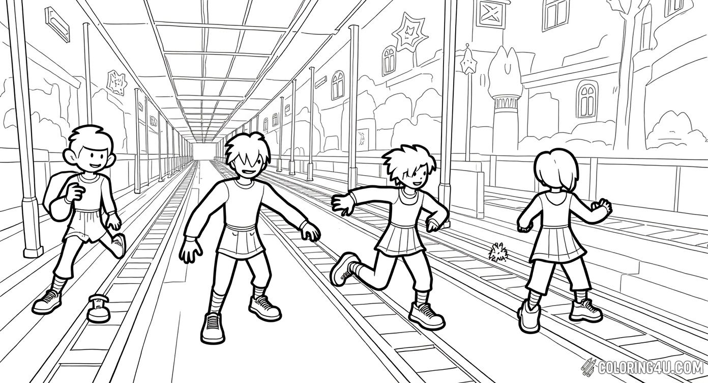 This dynamic coloring page shows a character running along subway tracks with several trains approaching in the distance. It's a thrilling scene from the Subway Surfers game that lets kids imagine the fast-paced adventure while coloring the detailed urban setting.