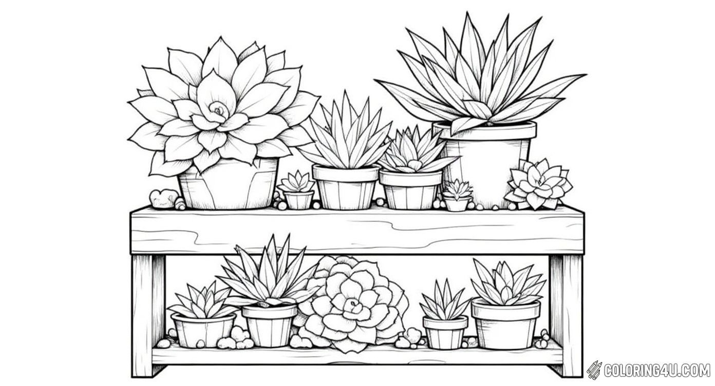 Dive into this detailed coloring page showcasing a wooden shelf crowded with many potted succulents and cacti in various shapes and sizes. Young artists will love coloring the intricate leaves, flowers, and textured pots, creating their own vibrant succulent garden.