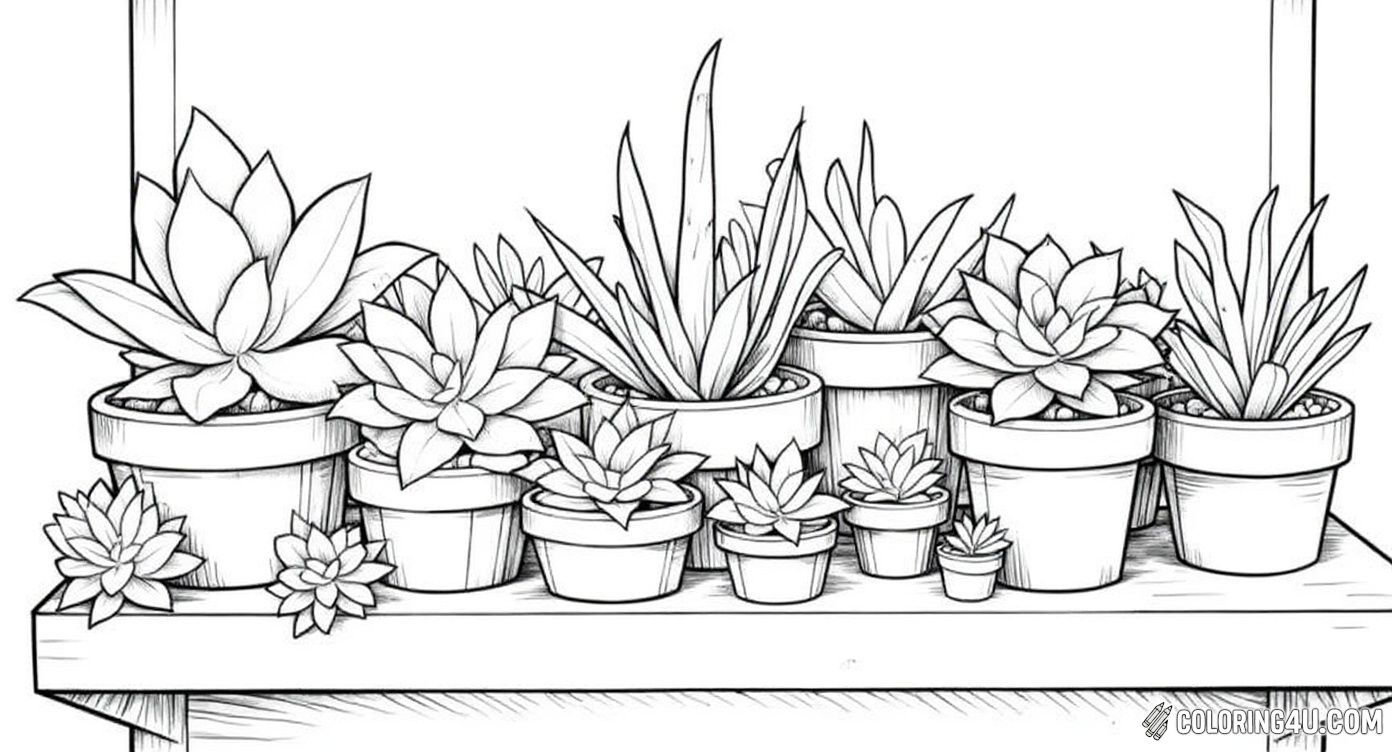 Get ready to explore a lush display of succulents arranged in pots on a multi-tiered shelf! This detailed coloring page invites children to add their artistic touch to a variety of shapes and textures of different succulent plants, making it a fun and relaxing activity.