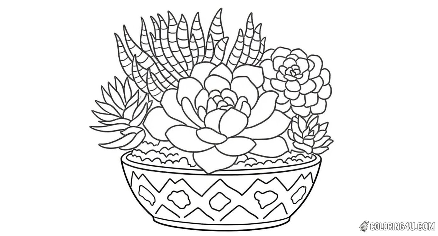 Discover the charming world of succulents with this delightful coloring page featuring a variety of plump, patterned succulents nestled inside a bowl decorated with wavy designs. Kids can have fun bringing these unique plants to life with their favorite colors.
