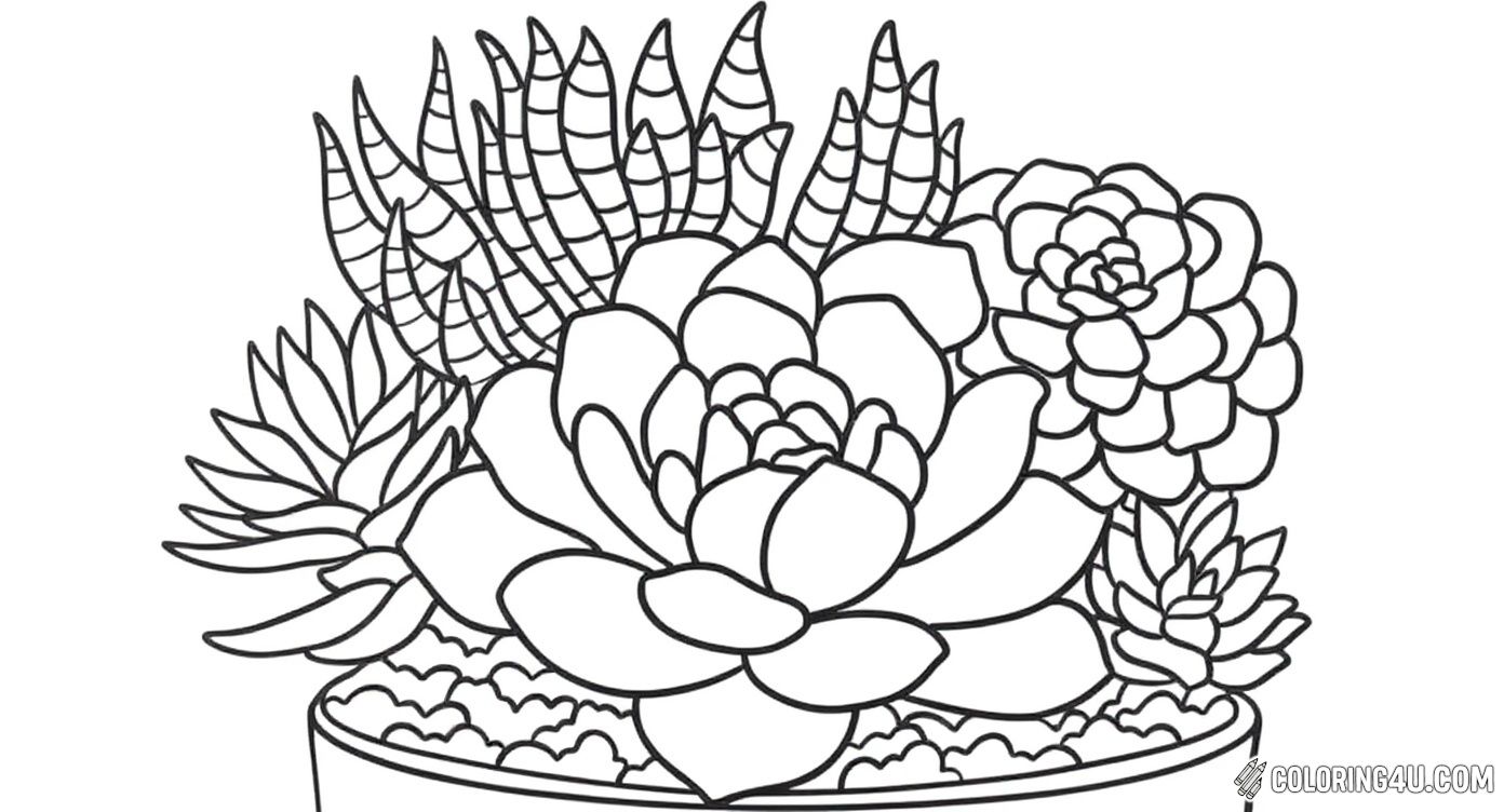 This delightful coloring page features a charming pot filled with a variety of succulents. Kids can enjoy bringing these unique plants to life with their favorite colors while exploring the different shapes and textures of each succulent in the arrangement.