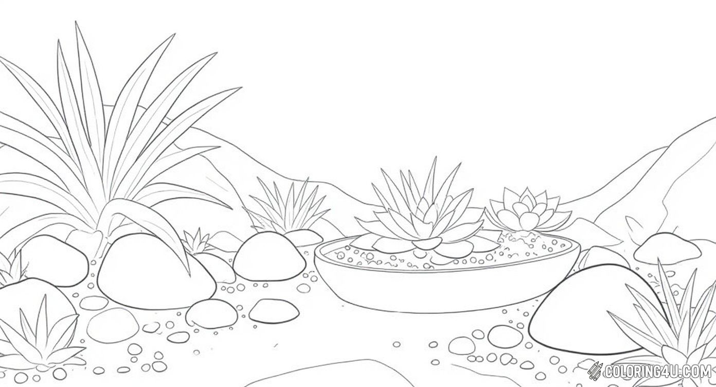 Step into the peaceful setting of a succulent zen garden with this intricate coloring page. Kids can enjoy coloring the serene scene filled with smooth stones, potted succulents, and gentle garden plants, sparking creativity and calm with every hue they choose.