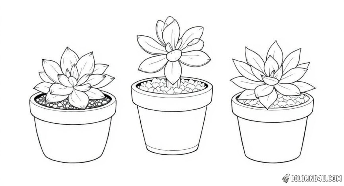 Three Potted Succulents Trio Coloring Page