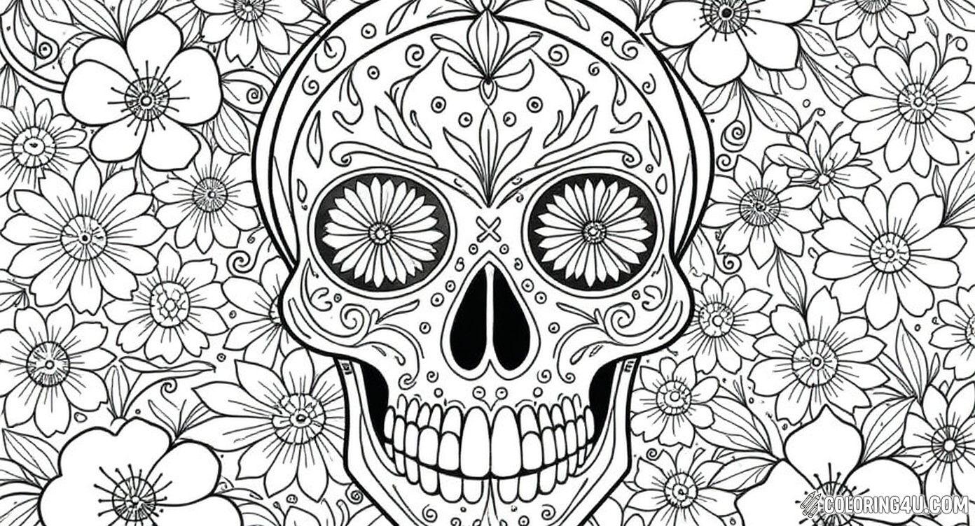 Color this joyful sugar skull covered in intricate floral patterns and happy details! With bright flowers and swirling designs all around, this page invites kids to unleash their imagination and fill every corner with vibrant colors.