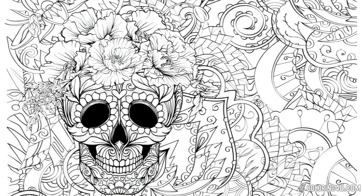 Decorative Sugar Skull With Poppies Coloring Page