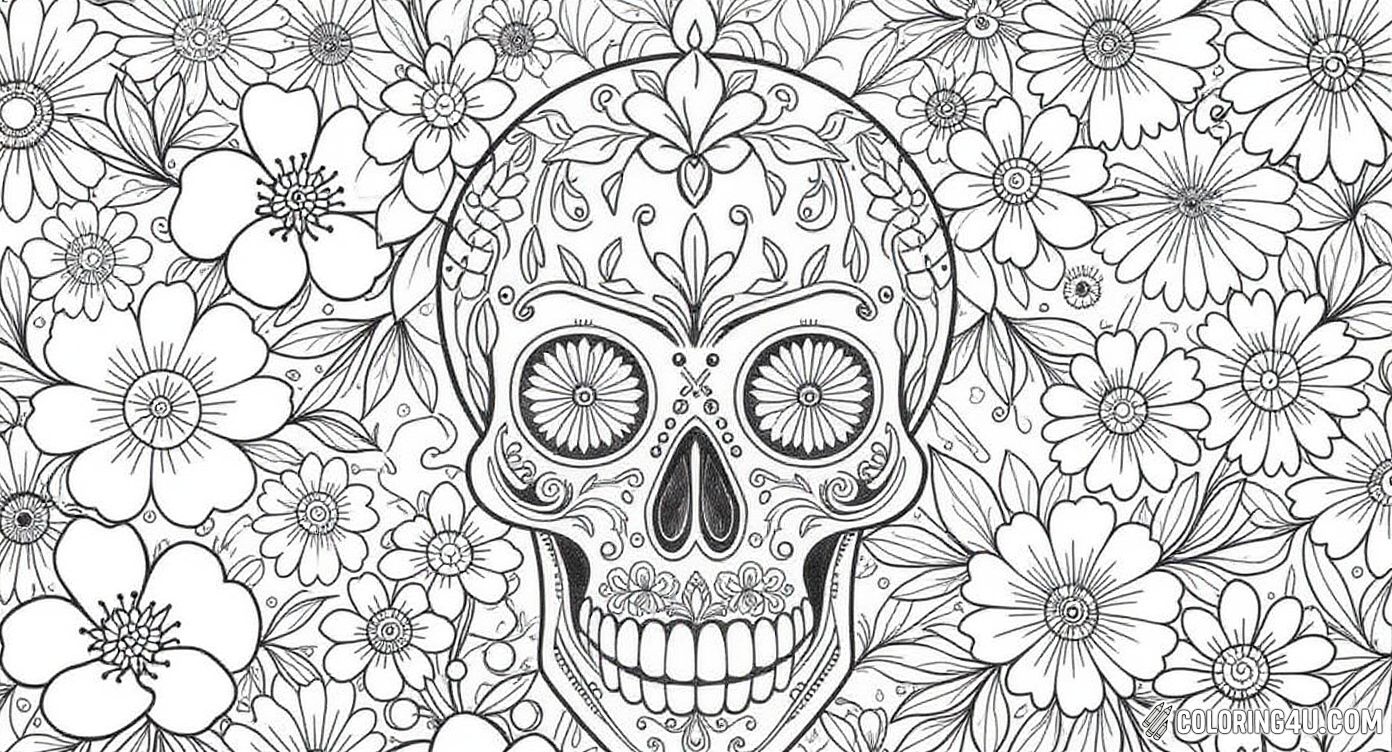 Sugar Skull Floral Pattern Coloring Page