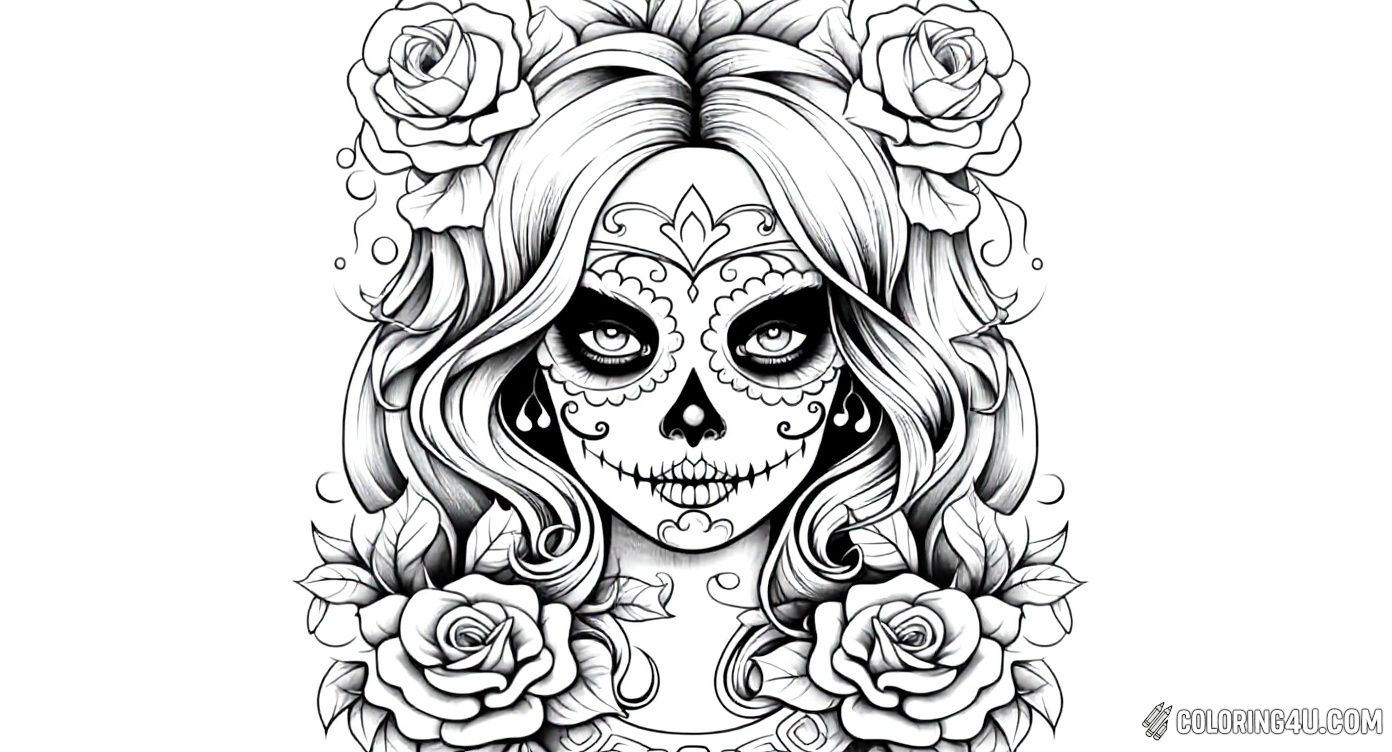 Discover the enchanting sugar skull lady surrounded by blooming roses! This detailed coloring page invites kids to bring life and color into her beautiful face paint and flowing hair adorned with roses, perfect for celebrating the Day of the Dead tradition.