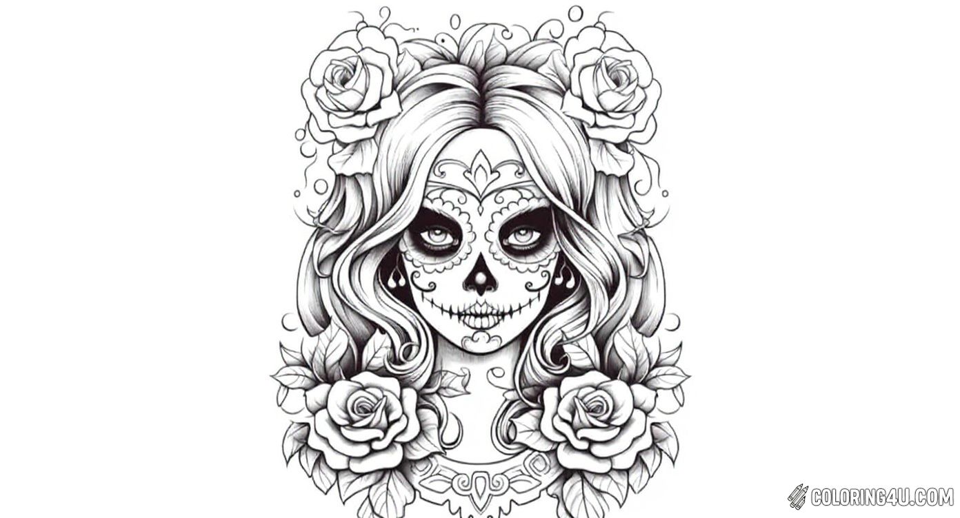 Here is an elegant coloring page of a woman’s face painted like a sugar skull, framed with lush roses in her hair and around her neck. Kids can enjoy coloring her expressive eyes and the delicate patterns on her face, celebrating the spirit of Dia de los Muertos with creativity. [source: Amazon.com]