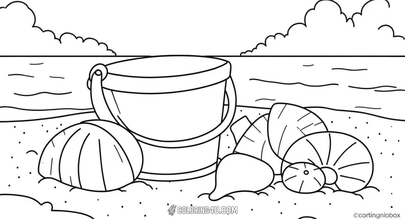 Get ready for a beach adventure with this charming coloring page showcasing a decorated sand bucket filled with seashells, a small shovel, and more seashells scattered on the sandy shore. Children can enjoy coloring this playful and fun seaside scene.