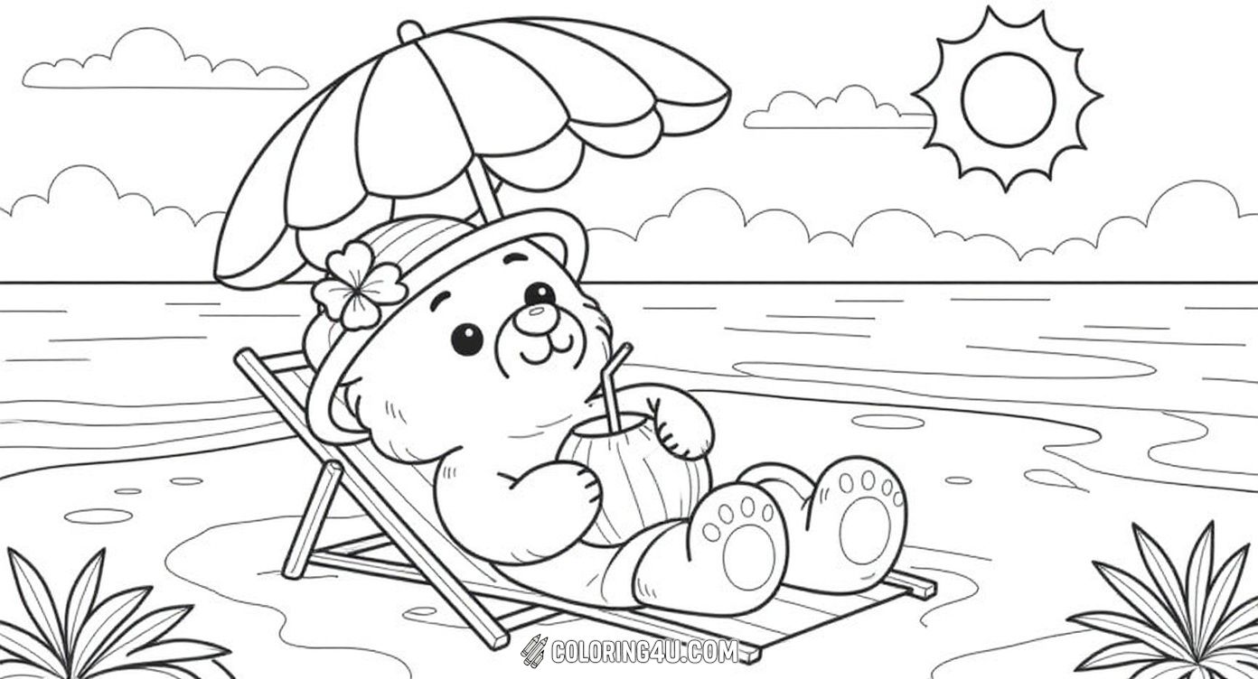 Bear Relaxing Beach Coconut Drink Umbrella