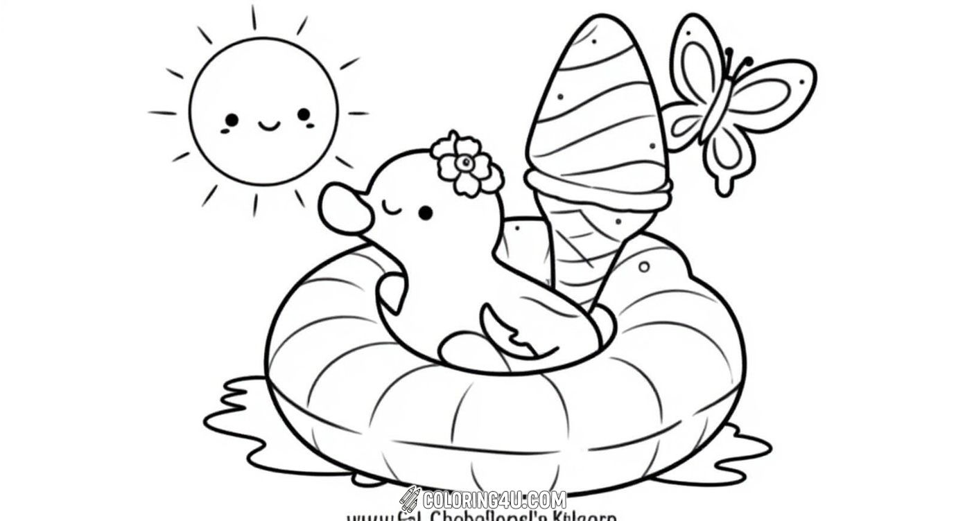 Dive into a sunny summer adventure with this adorable coloring page showcasing a smiling sun, a butterfly, a tasty ice cream, and a playful pineapple floating on a flamingo floatie. Kids can enjoy coloring this lively scene full of sweet and sunny summer vibes!