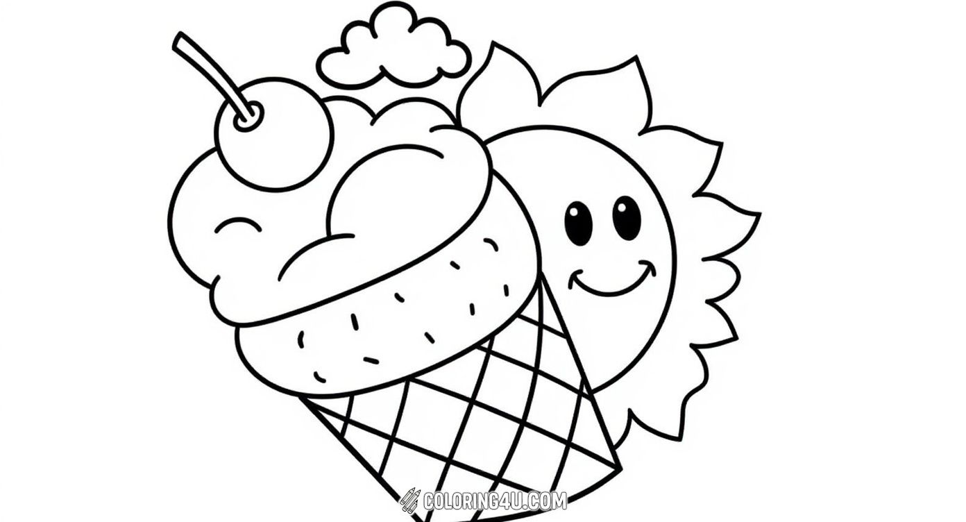 Celebrate summer with this cute and cheerful coloring page featuring a smiling sun holding a delicious ice cream cone topped with a cherry. Kids will love adding vibrant colors to this fun and sunny design that captures the joy of summertime treats.