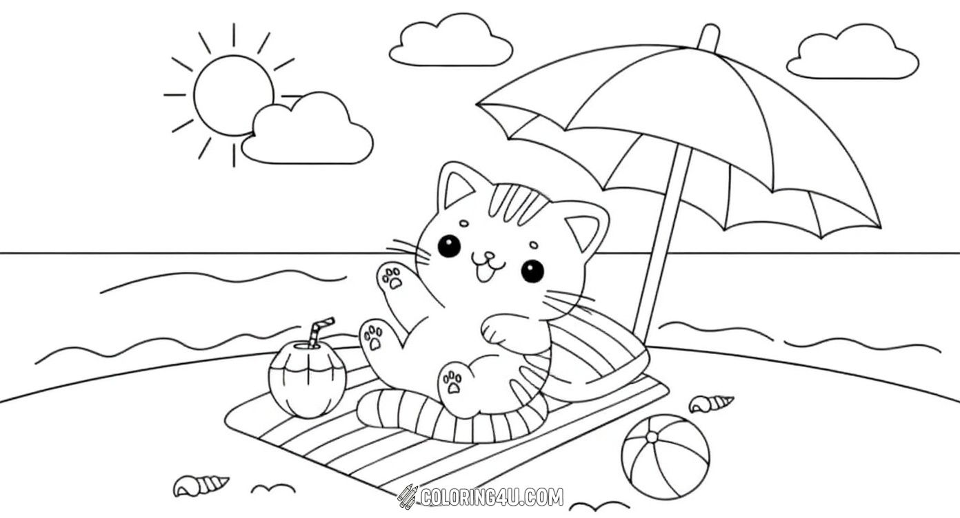 Say hello to summer with this cute kitty enjoying a day at the beach! Sitting on a striped towel under a large umbrella, the friendly cat waves happily while a coconut drink and beach ball await some fun. Kids will love coloring this cheerful scene filled with sunshine, waves, and beach treasures.