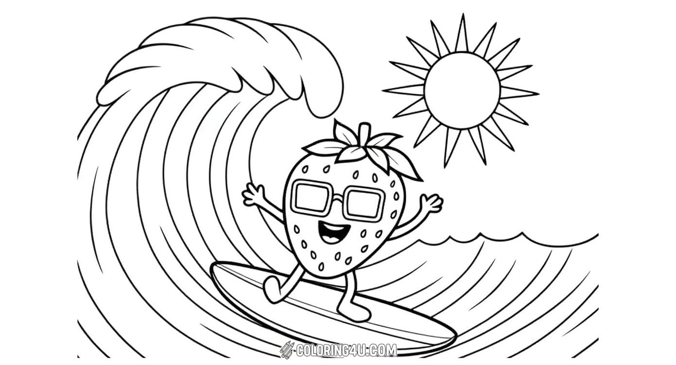 Celebrate the joy of summer with this fun coloring page featuring a happy strawberry character surfing big waves under the bright sun. Kids will love bringing this cheerful fruit to life with vibrant colors as it rides the ocean waves!