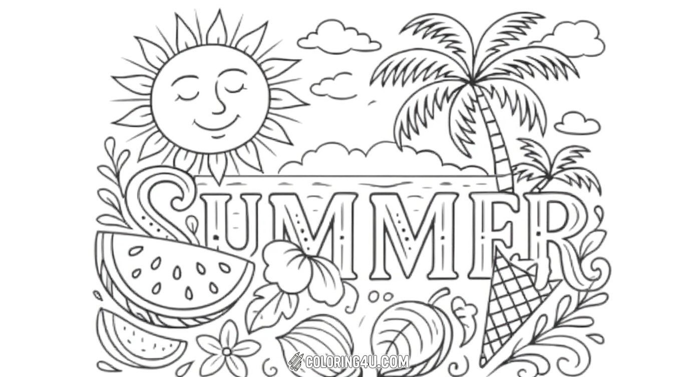 Explore the beauty of summer with this detailed coloring page featuring the word 'SUMMER' surrounded by smiling sun, fluffy clouds, palm trees, juicy watermelon slices, a blooming hibiscus flower, starfish, and a delicious ice cream cone. A perfect page to brighten up any kid's day!