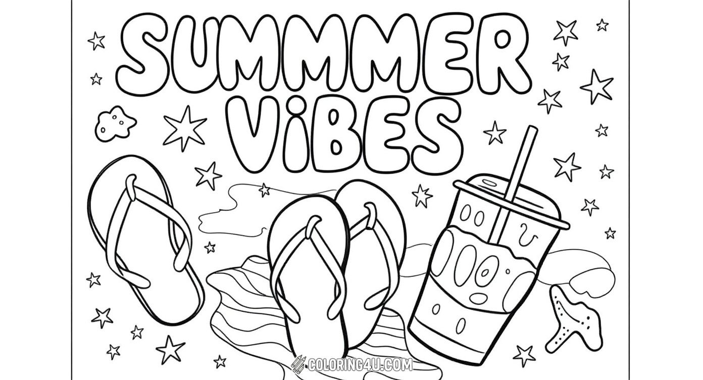 Get ready to dive into summer fun with this lively coloring page featuring cozy flip-flops, a refreshing drink with a straw, tasty ice cream, and cute summer symbols like a starfish and sunglasses. Perfect for kids to add bright colors and celebrate the joyful spirit of warm sunny days!