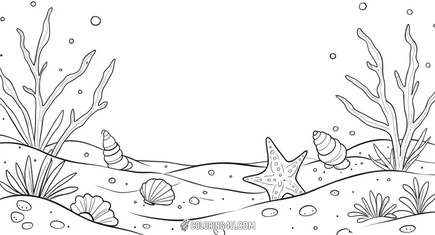 Dive into the ocean world with this delightful coloring page featuring various seashells, a starfish, and ocean plants resting on the sandy sea floor. Kids can have fun bringing the underwater scene to life with bright colors and creative details.