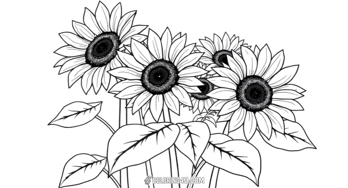 This engaging coloring page shows a cluster of sunflowers with large petals and big leaves. Kids can have fun coloring multiple sunflowers together, creating a lively and cheerful garden scene filled with bright colors and nature's beauty.