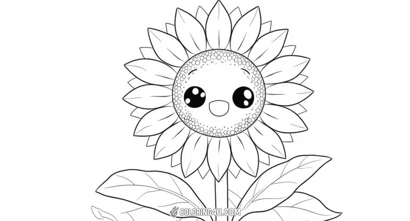 Meet the adorable cartoon sunflower with big sparkling eyes that will brighten your day! This cheerful coloring page features happy sunflowers surrounded by leaves and stems, perfect for younger kids who enjoy fun and friendly characters. Bring this sunny garden to life with your favorite colors.