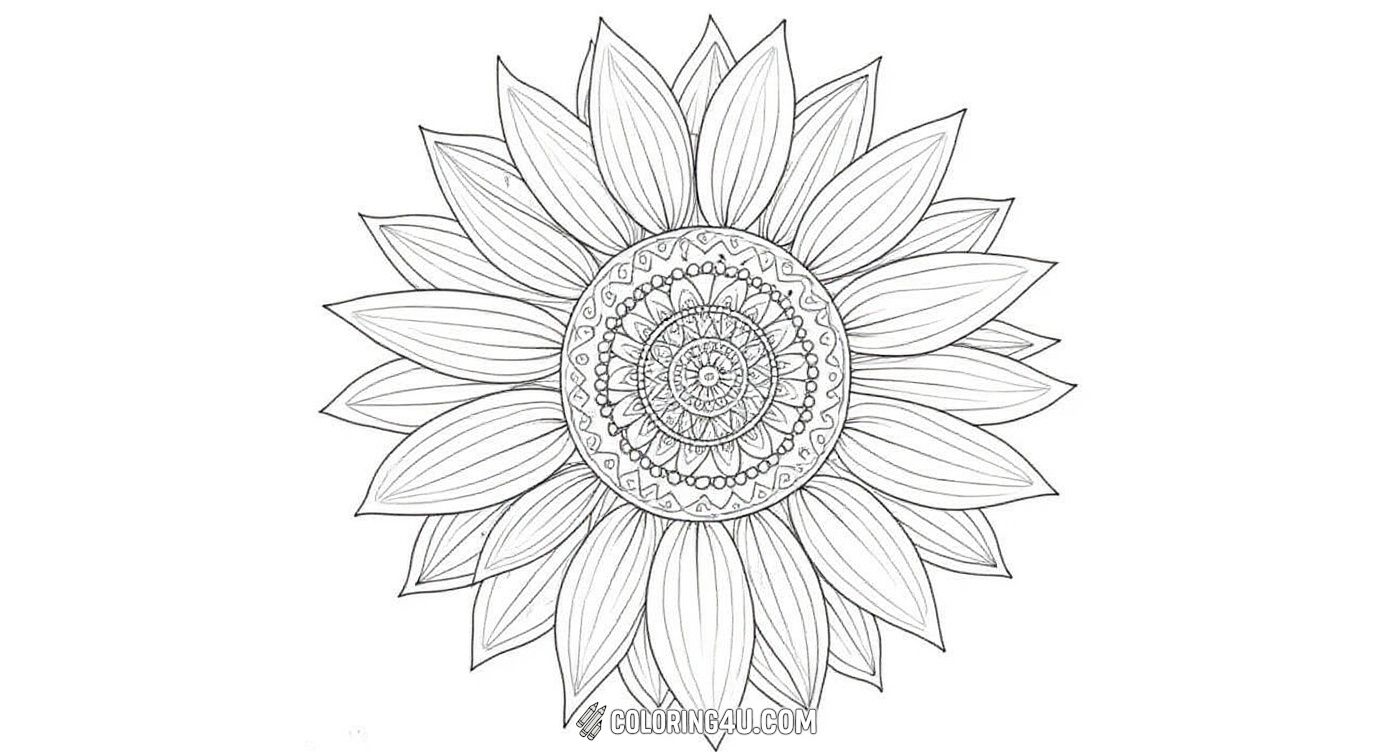 Dive into this mesmerizing sunflower coloring page filled with intricate zentangle patterns. Each petal features unique and detailed designs that encourage creativity and patience, perfect for kids who love to explore artistic details and improve their focus while bringing this beautiful floral mandala to life.