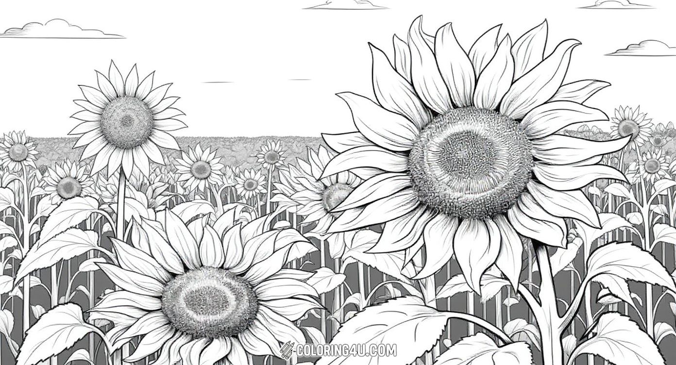 Experience the beauty of nature with this realistic sunflower field coloring page. The large, detailed sunflowers stand tall against a background of endless blooms and a calm sky. Kids can enjoy coloring the delicate petals and leaves, imagining themselves walking through a sunny, peaceful sunflower meadow.
