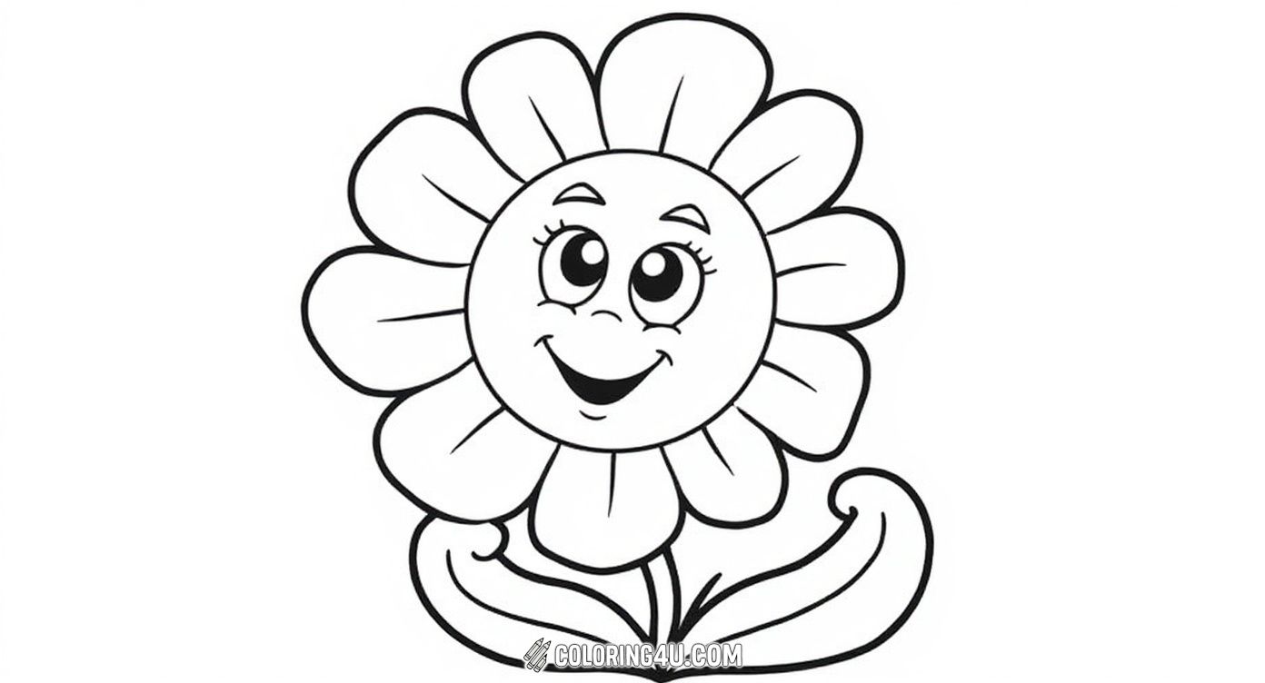 This charming coloring page features a cute cartoon flower with big expressive eyes and a sweet smile. The playful design invites young children to add their favorite colors and bring this friendly flower character to life.