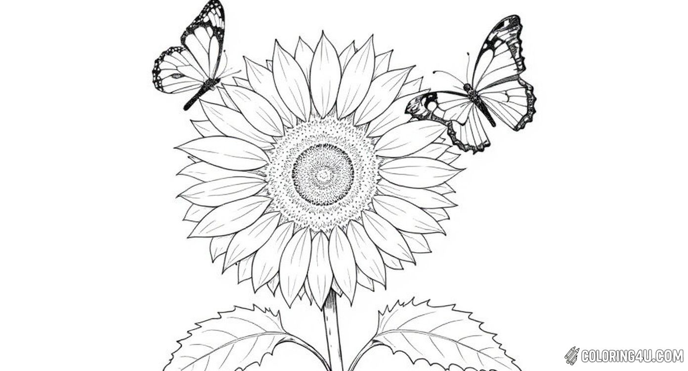 This beautiful coloring page features a large sunflower with detailed petals and two butterflies fluttering nearby, inviting kids to add vibrant colors to nature's lovely scene.