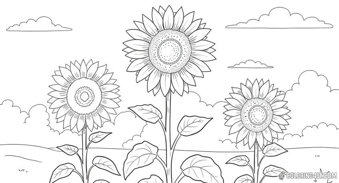 This coloring page shows three cheerful sunflowers standing tall in a garden setting, perfect for kids to bring to life with bright yellows and greens in a fun outdoor scene.