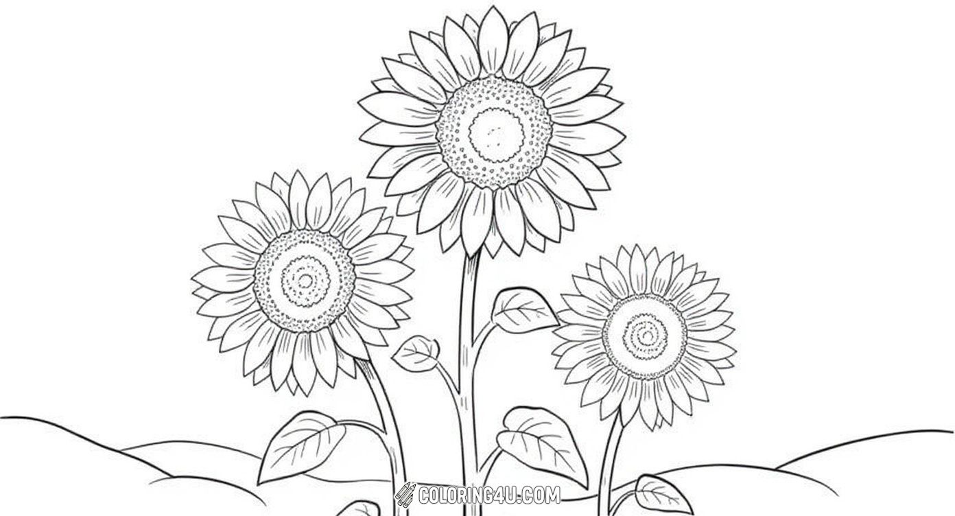 This charming coloring page depicts three sunflowers growing tall in a natural setting. With a framed border around the scene, children can use their creativity to brighten the petals, leaves, and background, creating a warm and sunny picture.