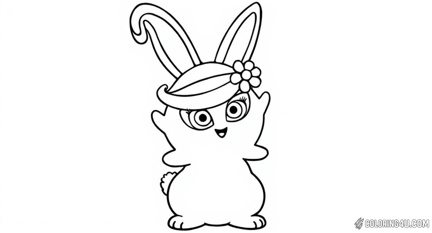 Here’s a charming coloring page showcasing one Sunny Bunny character with beautiful flowing ears tied with a flower headband. The bunny has an inviting smile and large eyes, perfect for kids to bring to life with vibrant colors and creative designs.