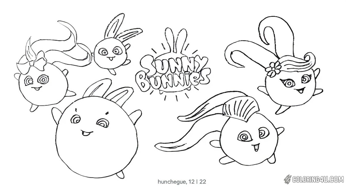 This delightful coloring page features five adorable round Sunny Bunnies characters with big expressive eyes and playful ears. Kids can have fun coloring each bunny’s unique hairstyle and joyful expressions, all gathered around a bright sunny logo that sparks imagination and happiness.