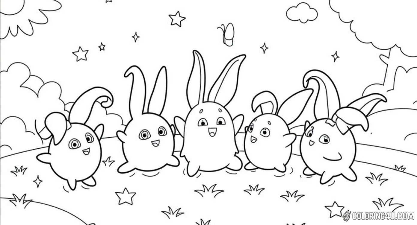This lively Sunny Bunnies coloring page shows a joyful group of round bunny friends playing together under a bright sunny sky. Some bunnies hold balloons and candies, while others fly and have magical wands, creating a playful and enchanting scene that kids will love to color.