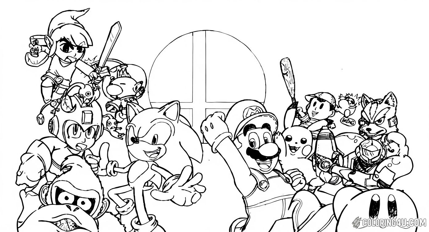 Dive into the world of Super Smash Bros. with this dynamic coloring page showcasing a variety of beloved characters like Sonic, Mario, Link, Donkey Kong, and Fox McCloud. Perfect for kids who love action and adventure, this page is bursting with energetic poses and iconic heroes ready to be colored and enjoyed.