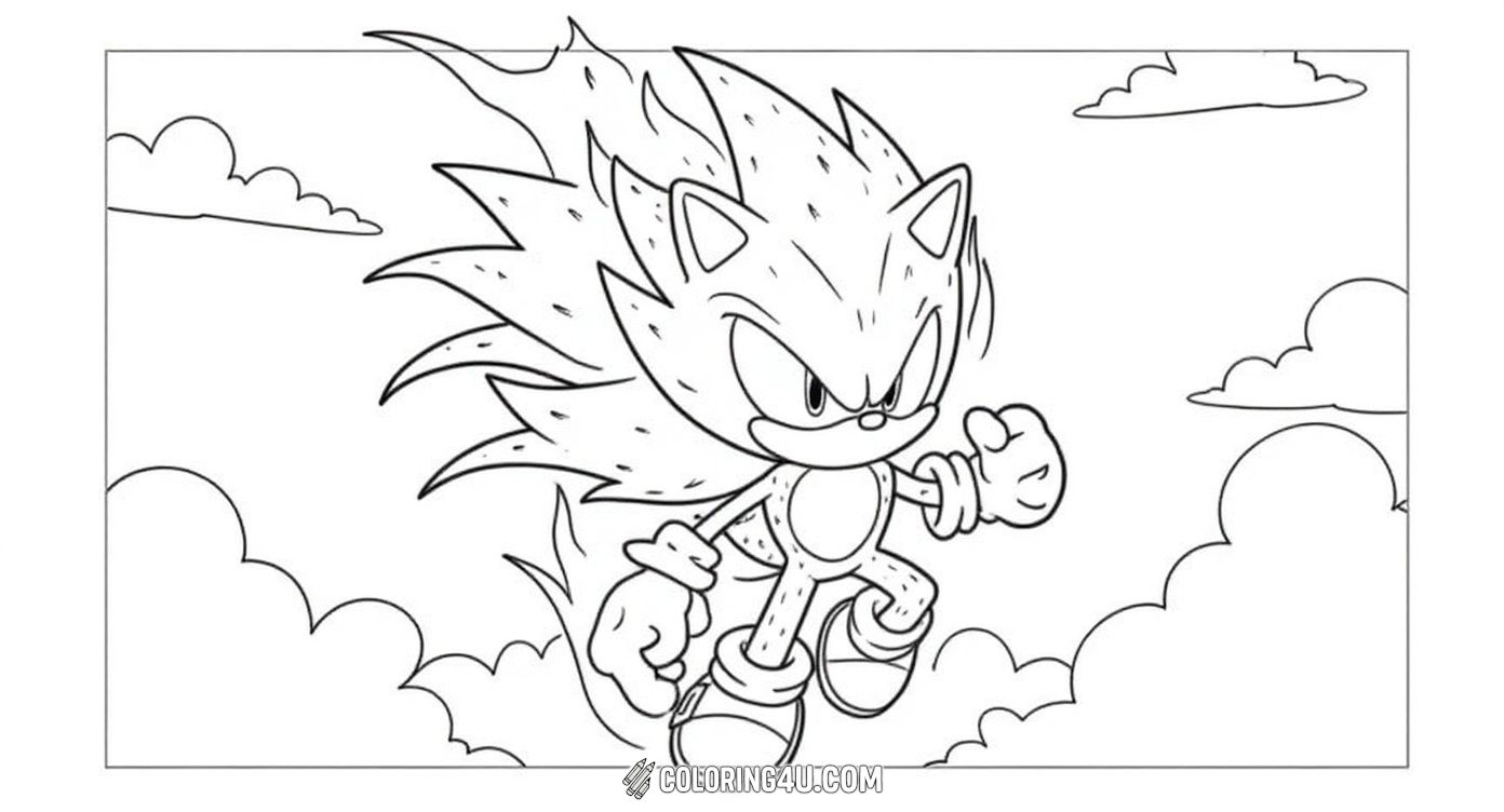 This exciting coloring page features Super Sonic surrounded by a fiery aura, looking focused and fierce in the sky. Kids can bring this powerful scene to life with bright colors and flames, imagining the speed and energy of this legendary character!