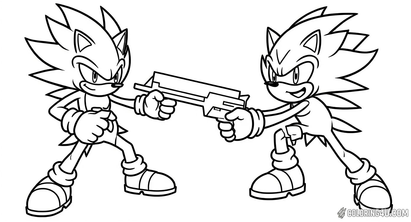 This fun coloring page shows two powerful versions of Super Sonic standing side by side, ready for battle in a lush outdoor setting with palm trees and clouds in the background. Kids can enjoy coloring both characters and the detailed scenery to create a vibrant scene full of energy and teamwork!