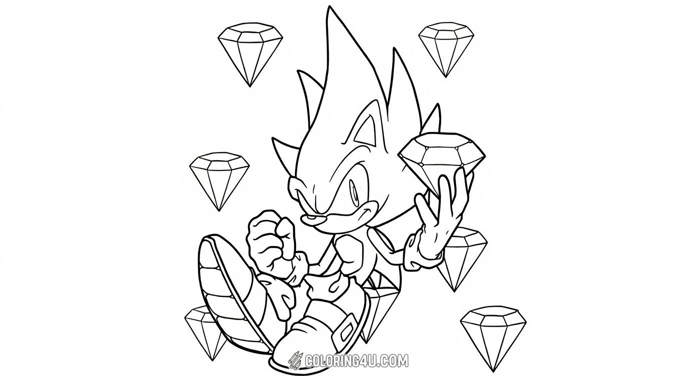 Dive into the magical world of Super Sonic with this fun coloring page where he's holding sparkling emeralds all around him. Kids can use shiny colors to make the gems bright and add life to Super Sonic's confident pose, celebrating the power of these legendary stones!