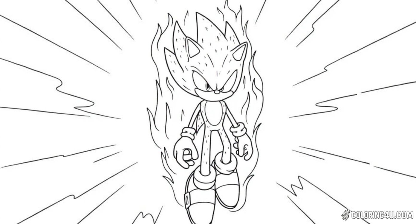 This exciting coloring page features Super Sonic surrounded by a powerful fire aura, standing confidently in the sky amidst clouds. Kids can use vibrant colors to bring the fiery energy of Super Sonic to life and enjoy the dynamic pose of this iconic character!