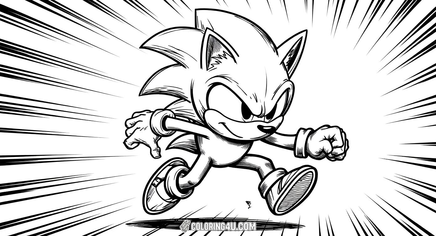 Race with Super Sonic in this dynamic coloring page showing him running at full speed. Kids will love coloring the fast-moving lines and Super Sonic's determined expression as he dashes forward, making it an action-packed coloring adventure!