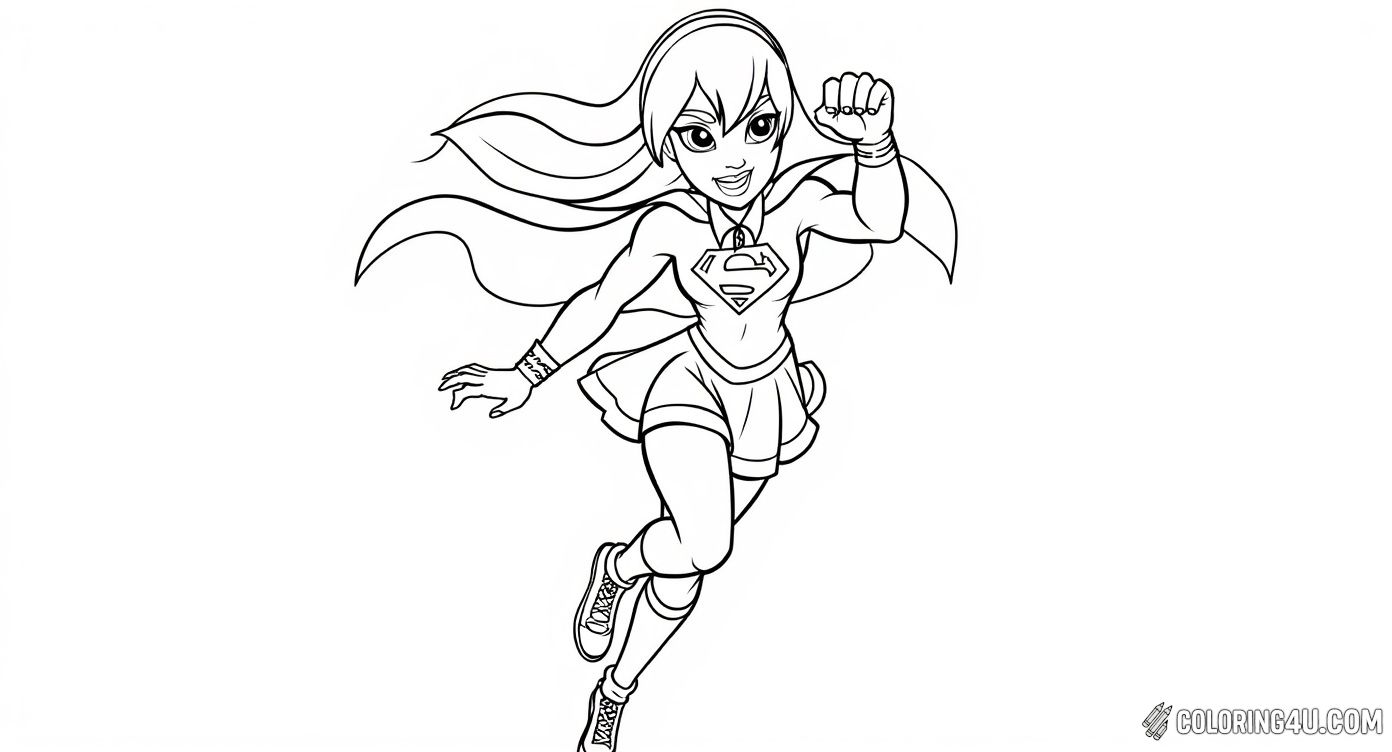 Get ready for action with this energetic coloring page of an animated Supergirl dashing through the air! Kids can enjoy coloring her dynamic pose, iconic cape, and cool outfit as she flies to save the day with a confident smile.