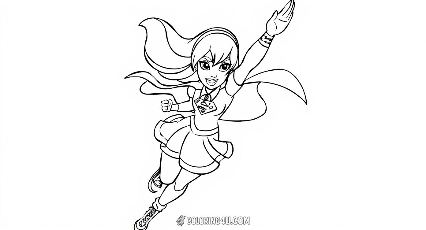 Get ready for action with this exciting coloring page of animated Supergirl striking a heroic flying pose! With her cape flowing and fists ready, children can enjoy adding vibrant colors to her energetic stance and magical superhero costume.