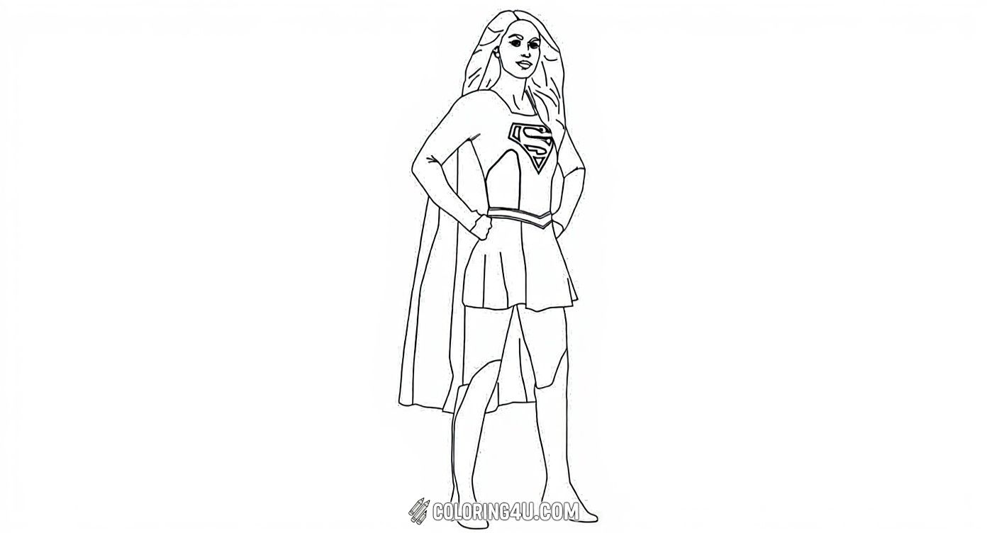This inspiring coloring page shows Supergirl standing confidently with her hands on her hips and cape fluttering behind her. Kids will love painting her bold costume and powerful pose that showcases her strength and bravery as a superhero.