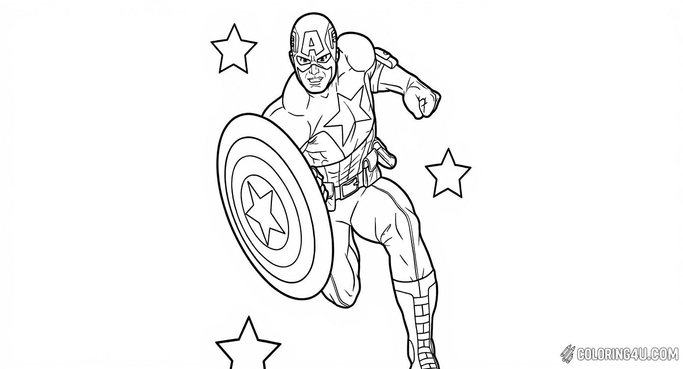 Get ready to color the heroic Captain America in this exciting action pose! With his iconic shield and star-spangled costume, he is ready to defend and inspire. Kids can bring this brave superhero to life with their favorite colors while imagining thrilling adventures.