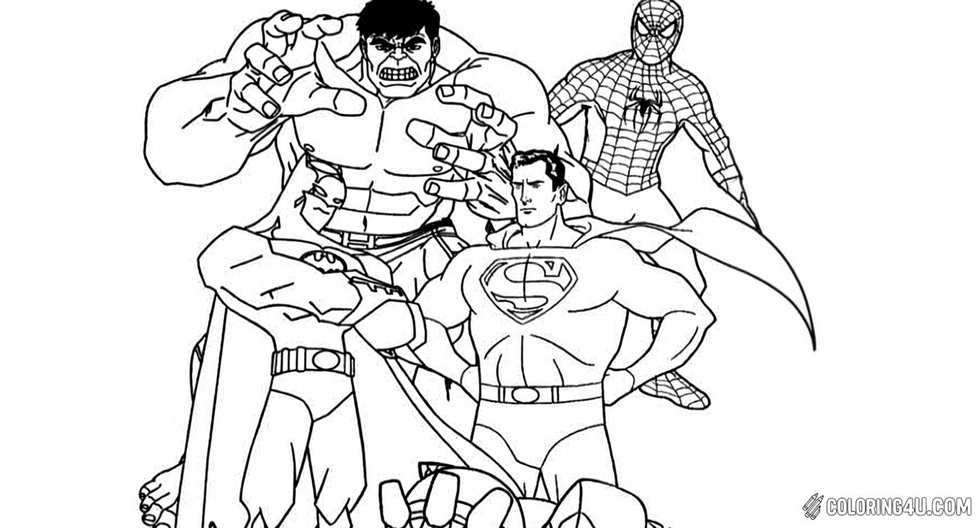 Meet a powerful team of famous superheroes including Hulk, Batman, Superman, Spider-Man, and Iron Man! This coloring page is perfect for kids who love superheroes from both Marvel and DC universes. Dive into fun as you add color to each mighty hero ready to save the day.