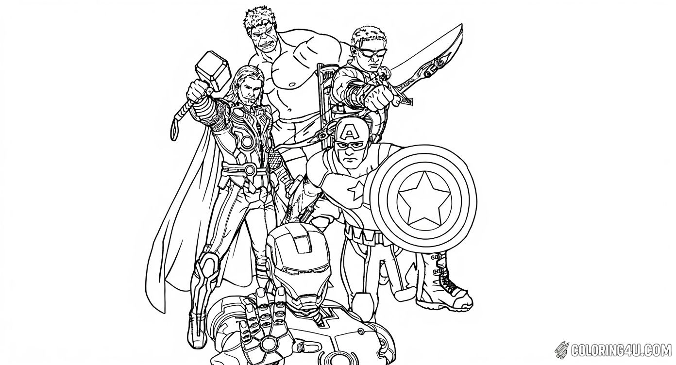 Color your favorite Marvel Avengers in this dynamic group scene featuring Iron Man, Captain America, Thor, Hulk, and Hawkeye. Each superhero is posed for action, ready for an adventure! Kids will enjoy bringing this epic team of Avengers to life with their own creative touch.