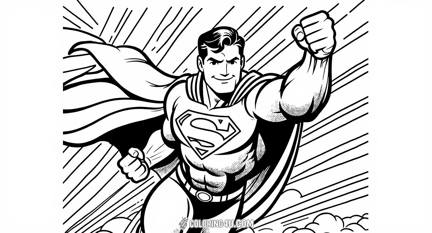 This dynamic coloring page shows Superman flying forward with a confident smile and his fist leading the way. Young artists can enjoy coloring his classic costume and the radiant background to make this thrilling scene come alive.