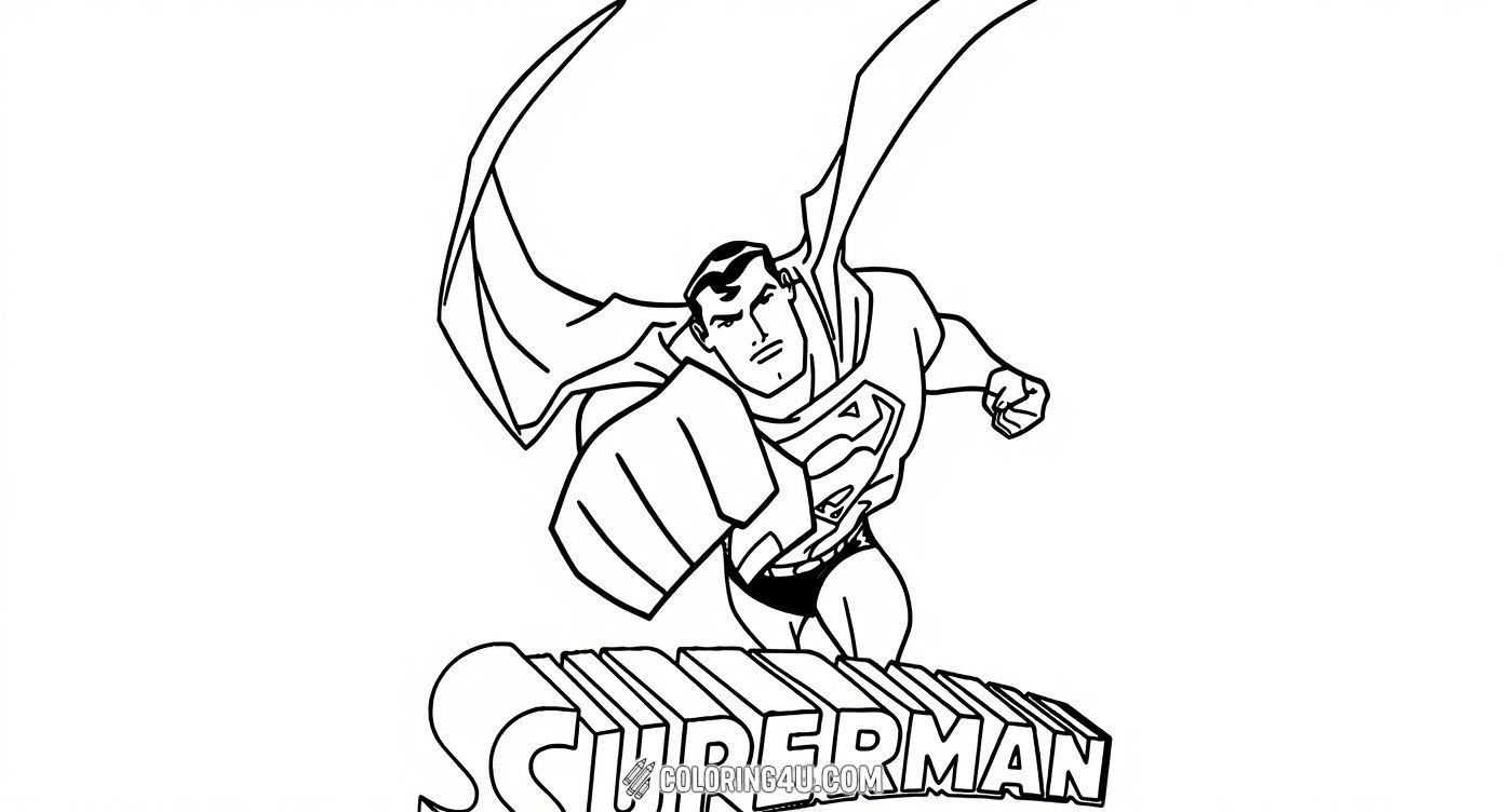 Join Superman in this classic pose where he punches forward with determination, with his iconic logo boldly displayed beneath him. This fun and energetic coloring page encourages kids to use bright colors and imagine the superhero's strength and bravery as they fill in each detail!