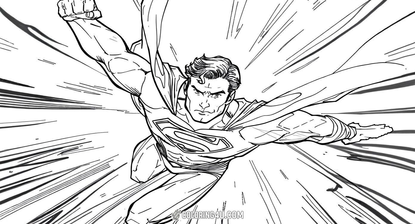 This exciting coloring page features Superman soaring through the sky with determination and strength. Kids can bring this heroic flyer to life by adding vibrant colors to his iconic cape and suit as he speeds through dramatic clouds.